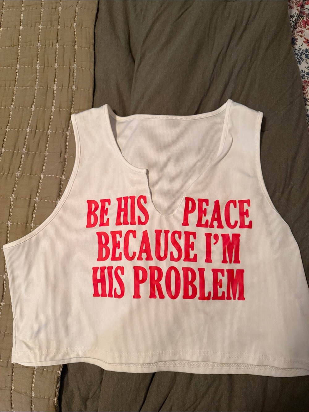 Women's White Ribbed Crop Tank with Red Slogan